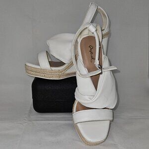 Qupid, White, Tan, Jute, Twisted Faux Leather, 4.5" Wedge, Shoes, Size: 6.5